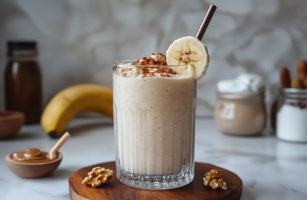 A banana smoothie made without yogurt, topped with cinnamon, a banana slice, and walnuts, served in a clear glass.