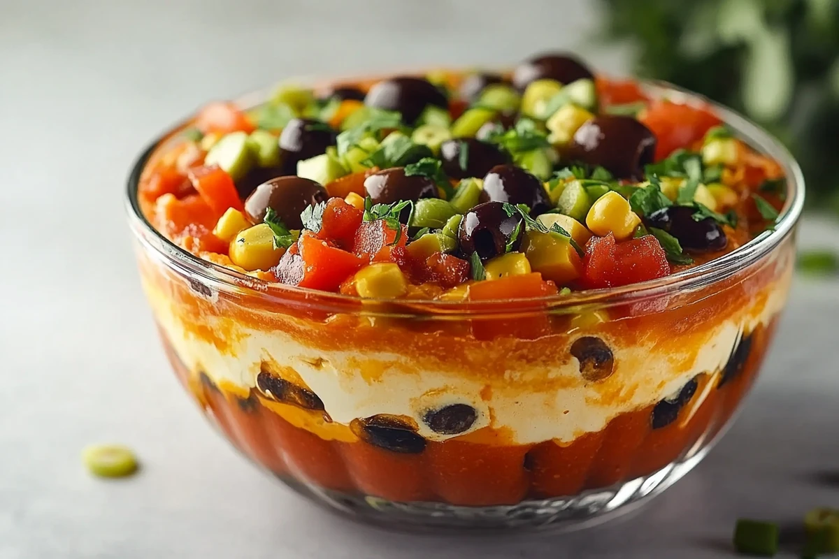 Taco dip without sour cream, layered with beans, creamy filling, salsa, and fresh toppings like tomatoes, corn, olives, and green onions.