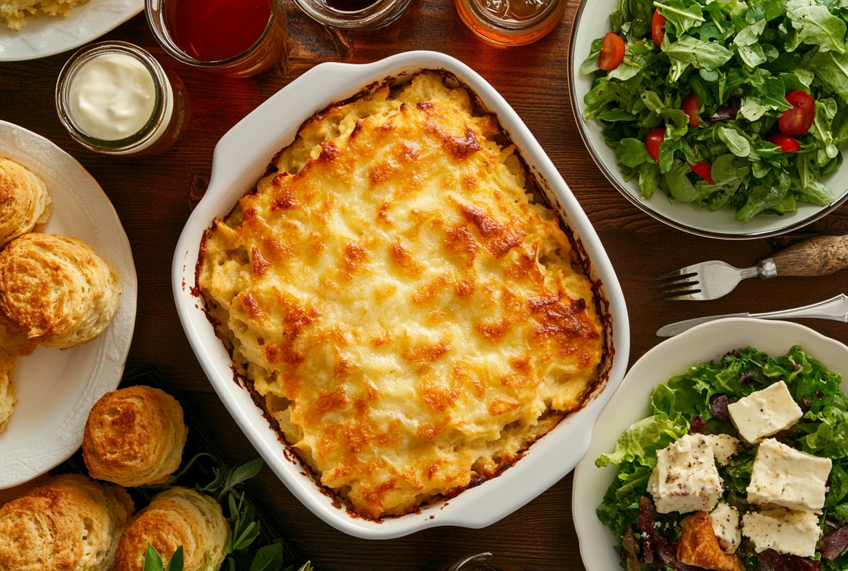 A dish of hashbrown casserole with crispy golden topping, served with biscuits and a green salad, showing what goes with hashbrown casserole.