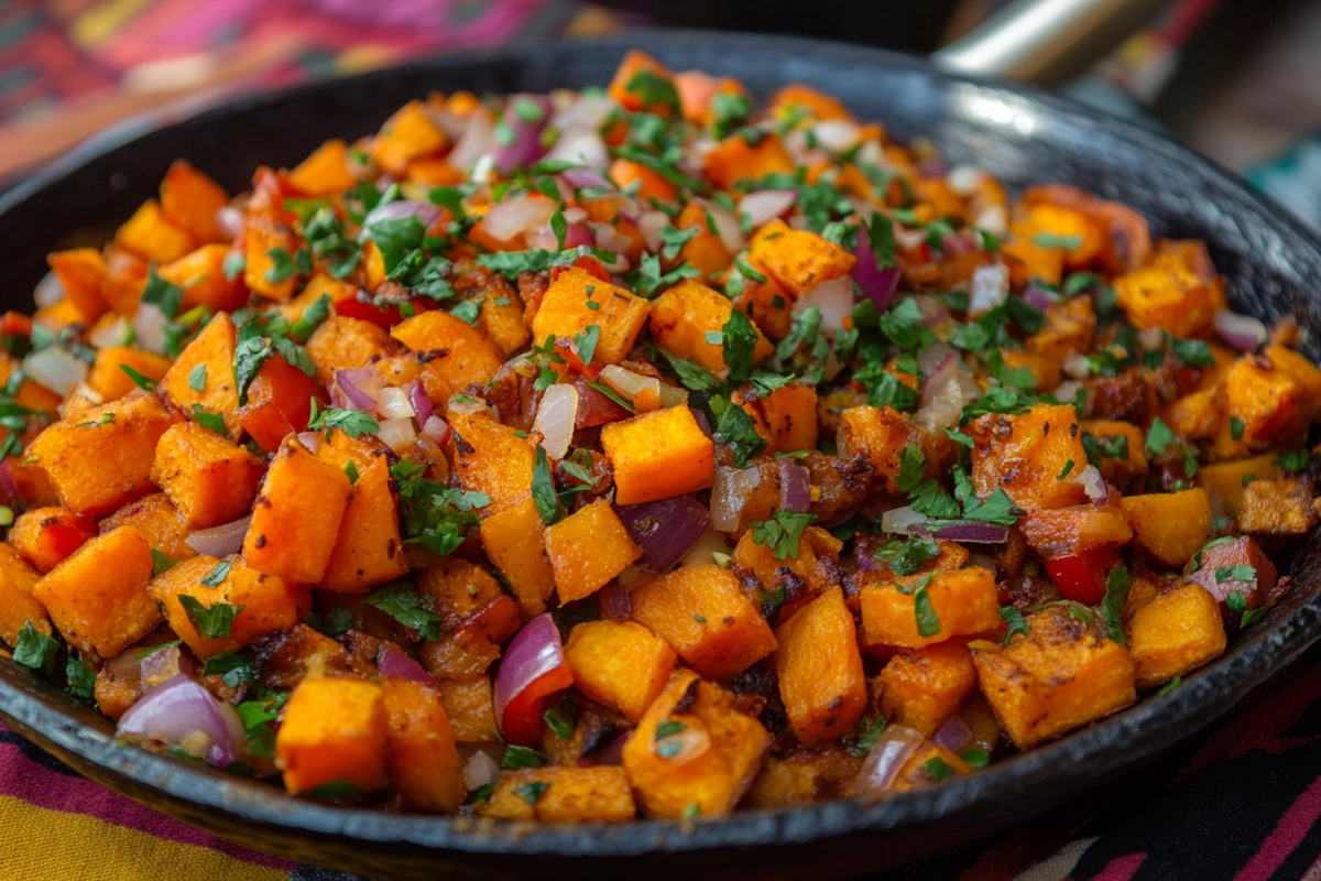 Colorful sweet potato hash in a skillet with red onions, bell peppers, and parsley.