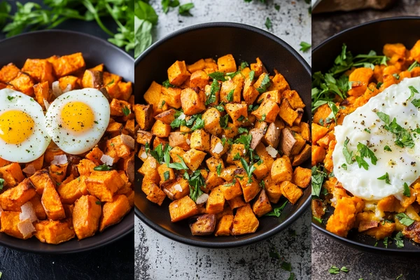 Sweet potato hash served with boiled eggs, fresh parsley, and a fried egg on top.