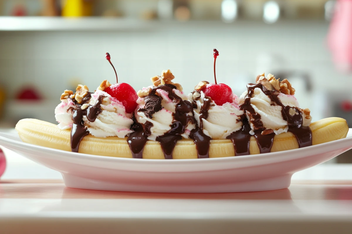 A classic banana split with three scoops of ice cream, chocolate syrup, whipped cream, nuts, and cherries in a long dish