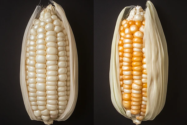 Close-up of white corn on the left and yellow corn on the right, both with husks partially peeled back.