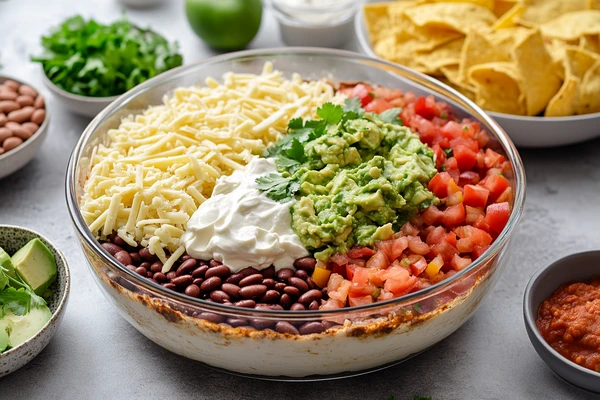 A fresh taco dip with layers of sour cream, guacamole, shredded cheese, and tomatoes, showing how to avoid watery taco dip.