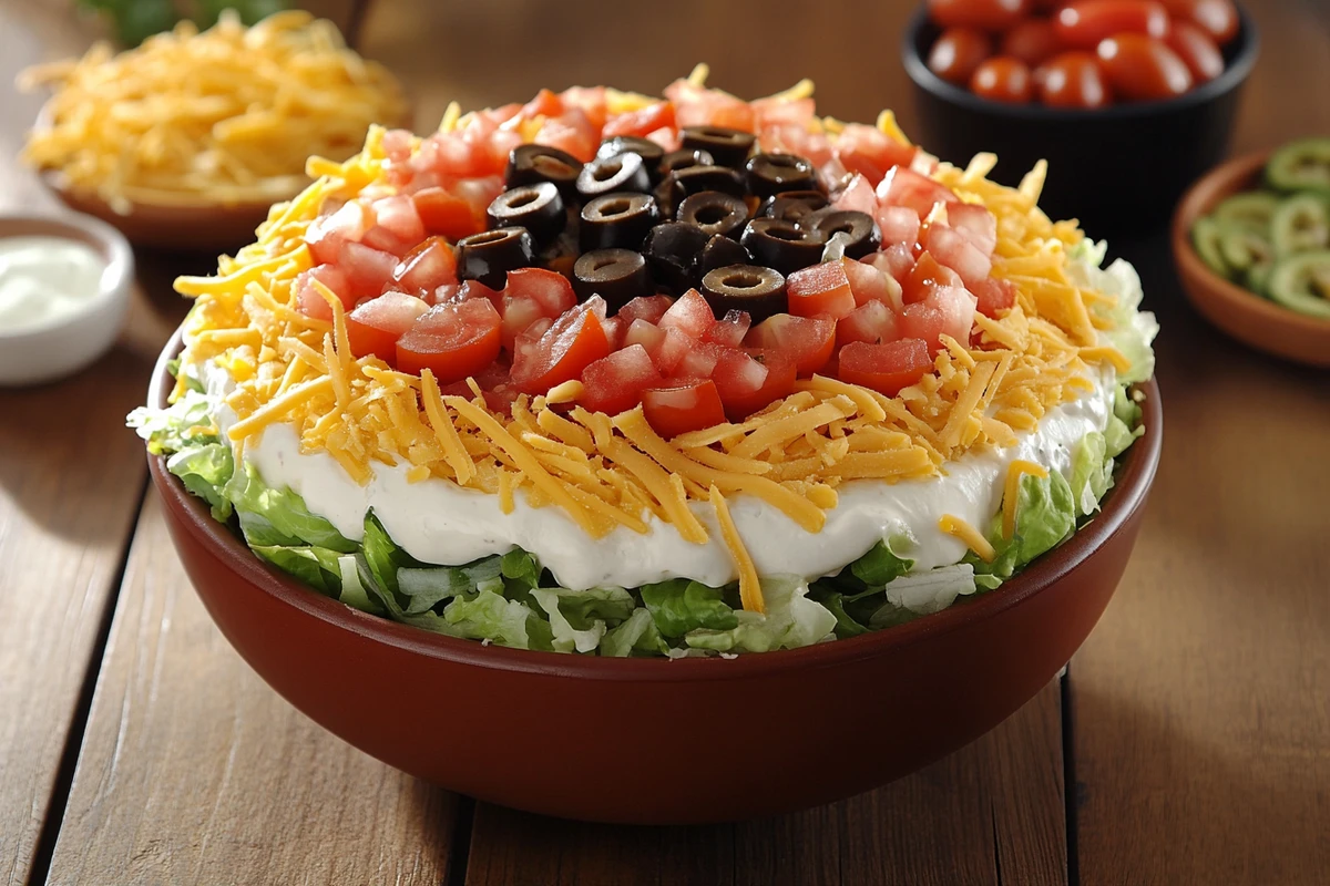 A perfectly layered taco dip with tomatoes, cheese, olives, and sour cream, illustrating how to prevent watery taco dip.