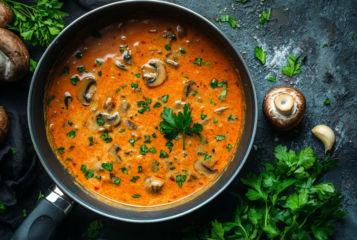 A creamy mushroom sauce with parsley garnish in a skillet, surrounded by fresh ingredients like mushrooms and garlic