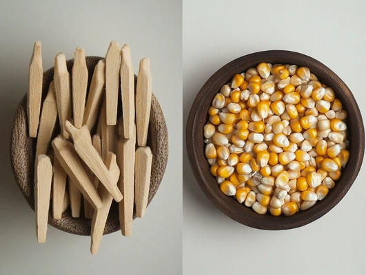 Wooden shoe pegs in a bowl next to a bowl of yellow and white corn kernels, showing their similar size and shape.