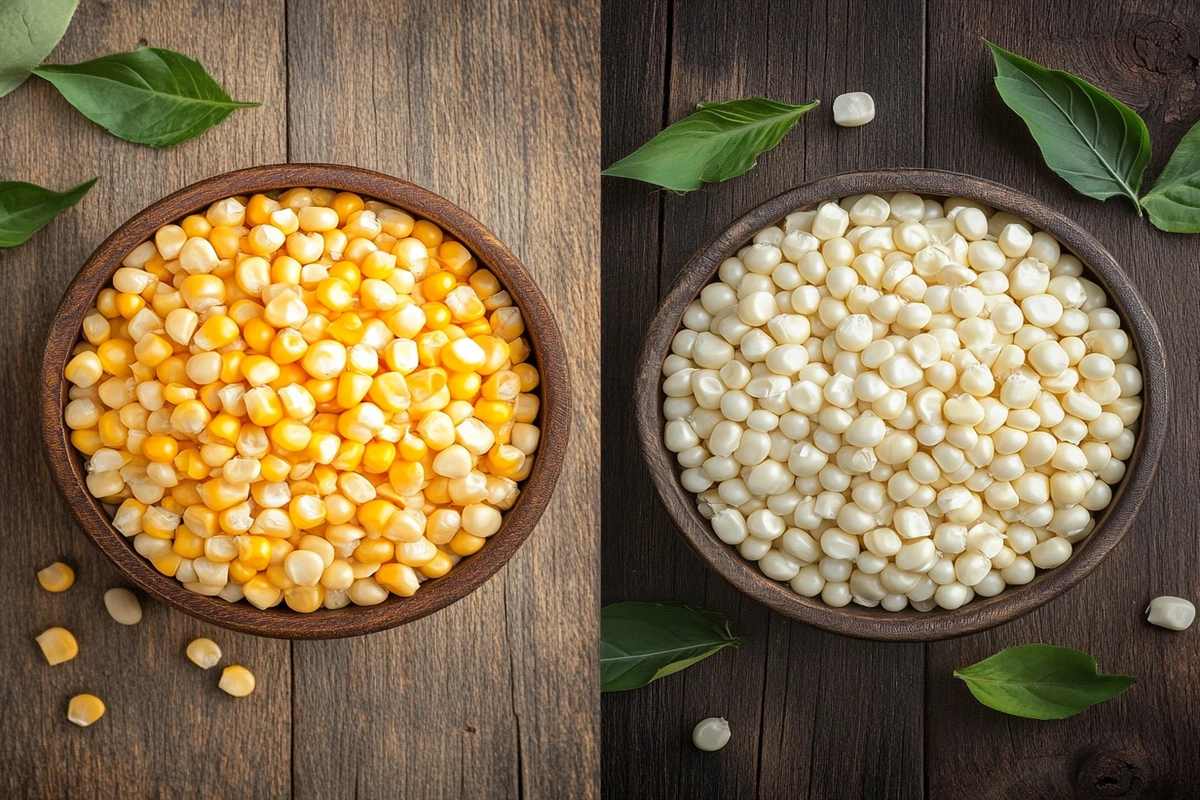 Side-by-side comparison of yellow corn kernels and white shoepeg corn kernels in wooden bowls.