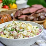 A white bowl of creamy Amish potato salad garnished with parsley, served on an outdoor table alongside bread, steak, and fresh vegetables.