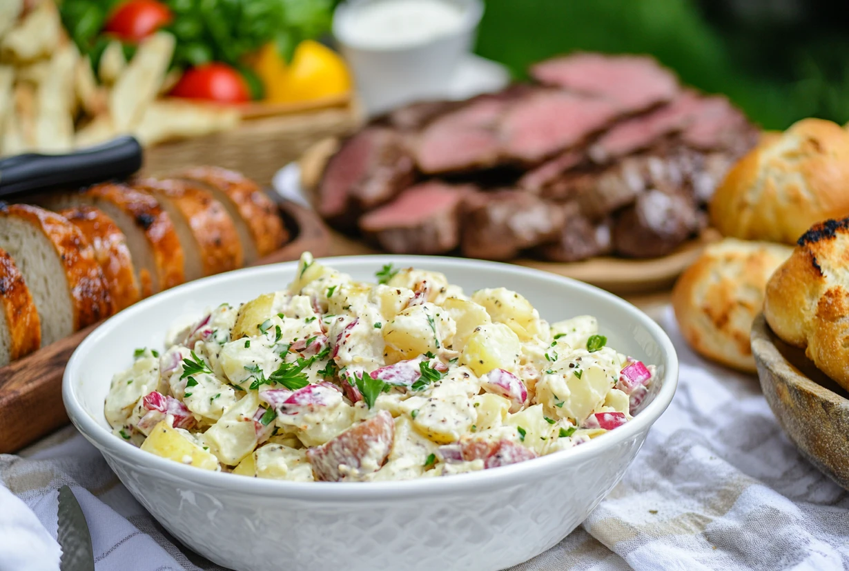 A white bowl of creamy Amish potato salad garnished with parsley, served on an outdoor table alongside bread, steak, and fresh vegetables.