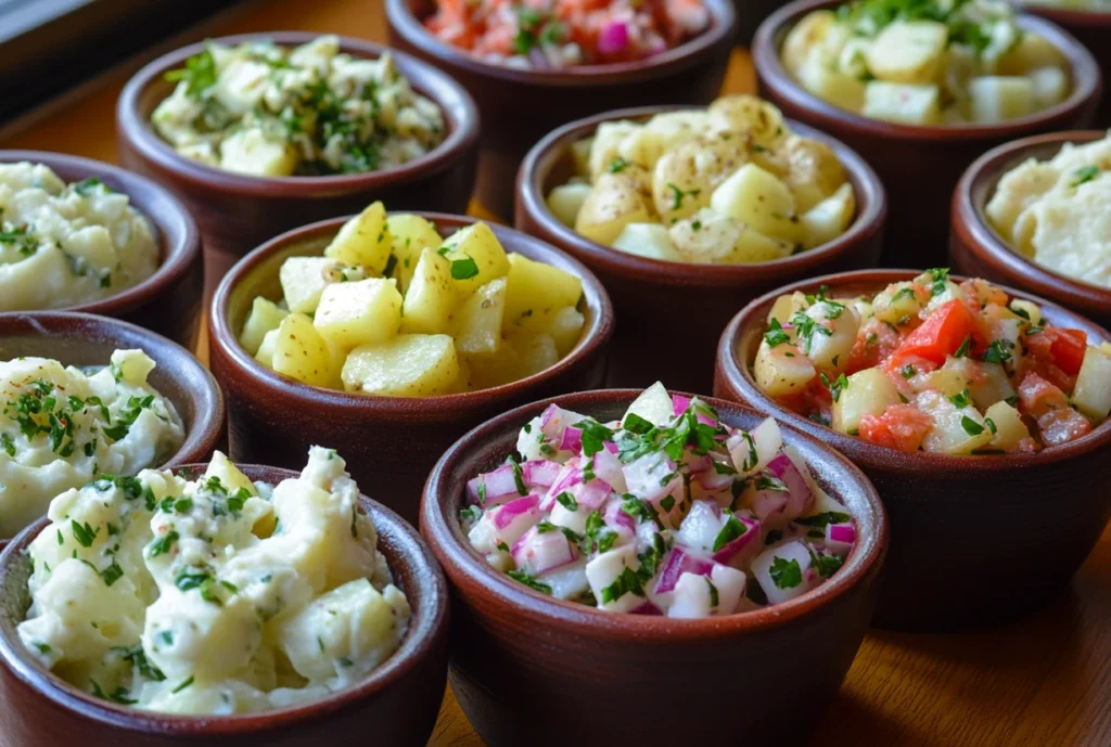 A selection of potato salad variations served in small brown bowls, each garnished with fresh herbs and vibrant ingredients.