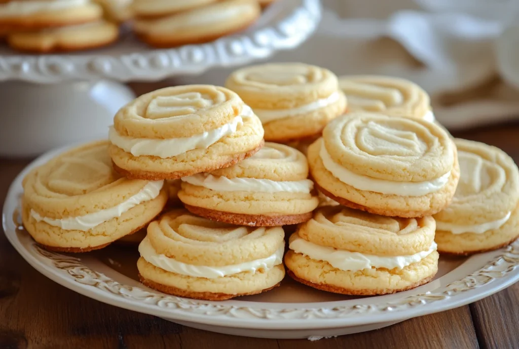 A plate of cheesecake cookies with cream cheese filling displayed on a wooden table.