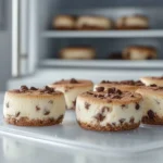 Mini cheesecake cookies with chocolate chips placed on a tray near an open refrigerator