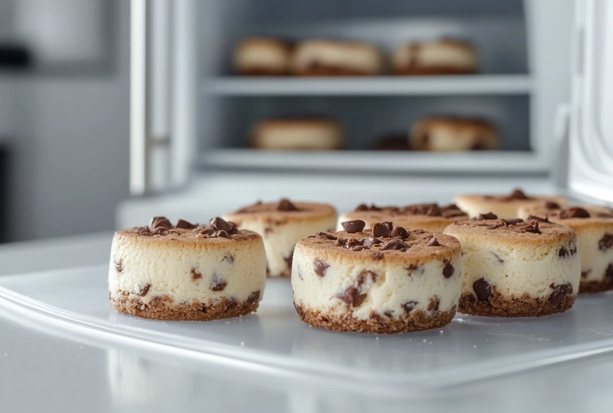 Mini cheesecake cookies with chocolate chips placed on a tray near an open refrigerator