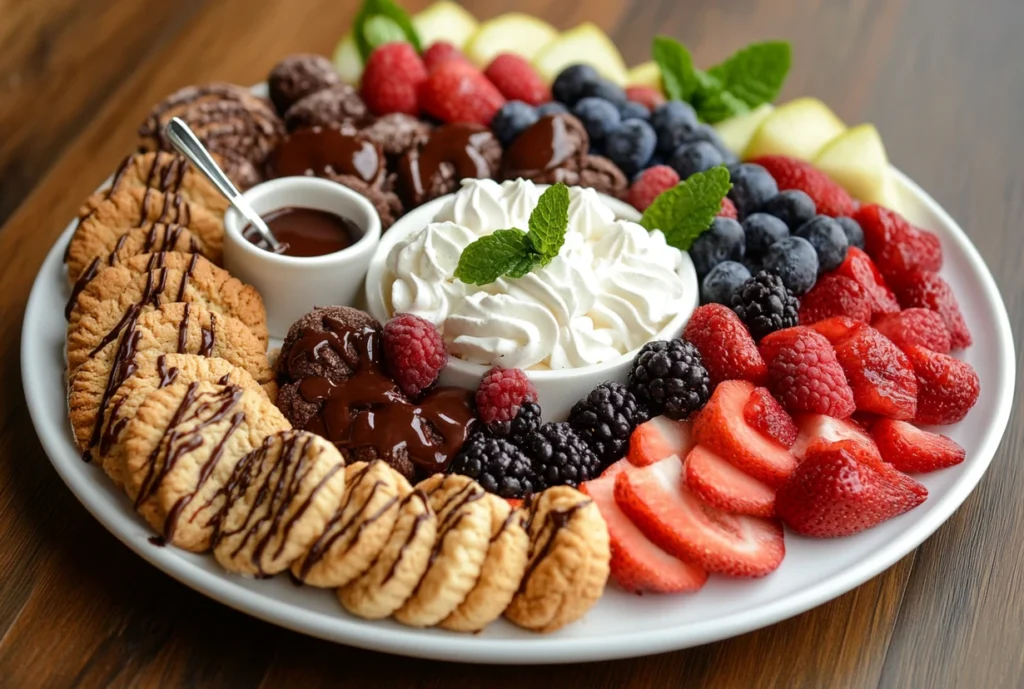 A dessert board featuring chocolate chip cheesecake cookies, fresh fruits, whipped cream, and a small bowl of chocolate sauce