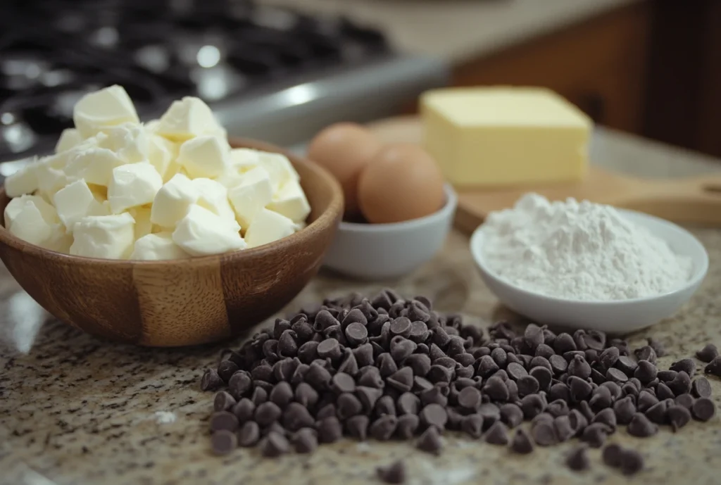 Ingredients for chocolate chip cheesecake cookies, including cream cheese, chocolate chips, eggs, butter, flour, and sugar on a kitchen counter