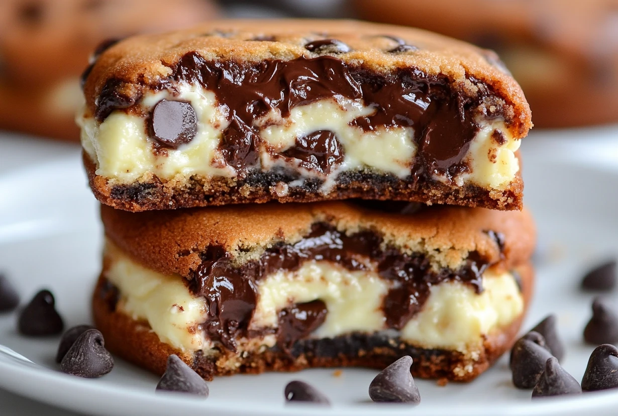 A close-up of chocolate chip cheesecake cookies split in half, showing creamy cheesecake filling and melted chocolate chips.