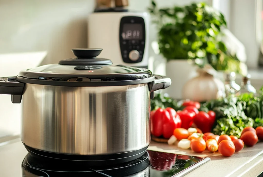 A stainless steel pot cooking a good stew, surrounded by fresh vegetables like tomatoes and peppers.