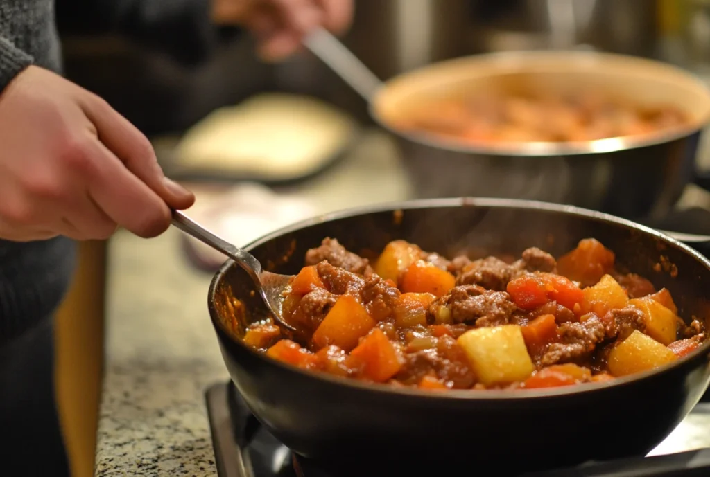 Cooking tomato beef stew with chunks of beef, potatoes, and carrots