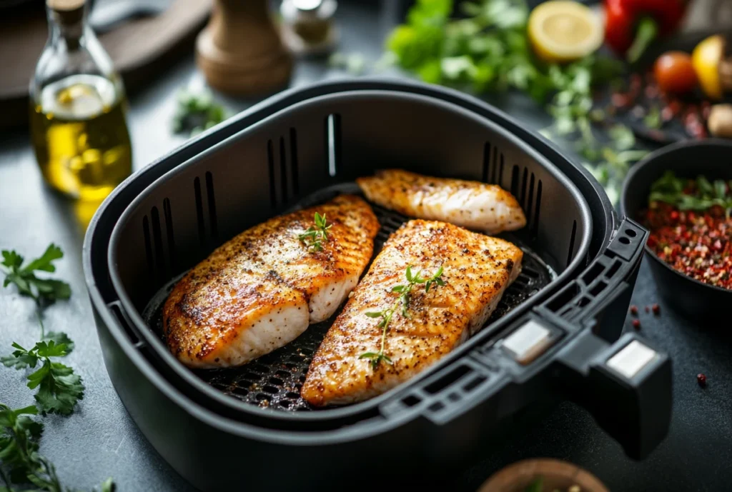 Perfectly cooked frozen tilapia fillets in an air fryer basket garnished with fresh herbs