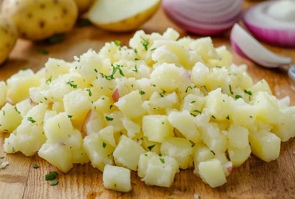 Freshly diced boiled potatoes garnished with parsley, ready for making Amish potato salad, with onions and whole potatoes in the background.