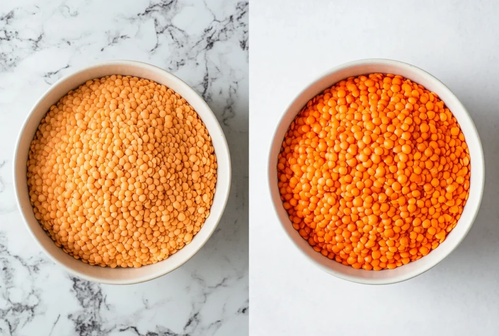 Side-by-side comparison of dry red lentils and soaked red lentils in white bowls