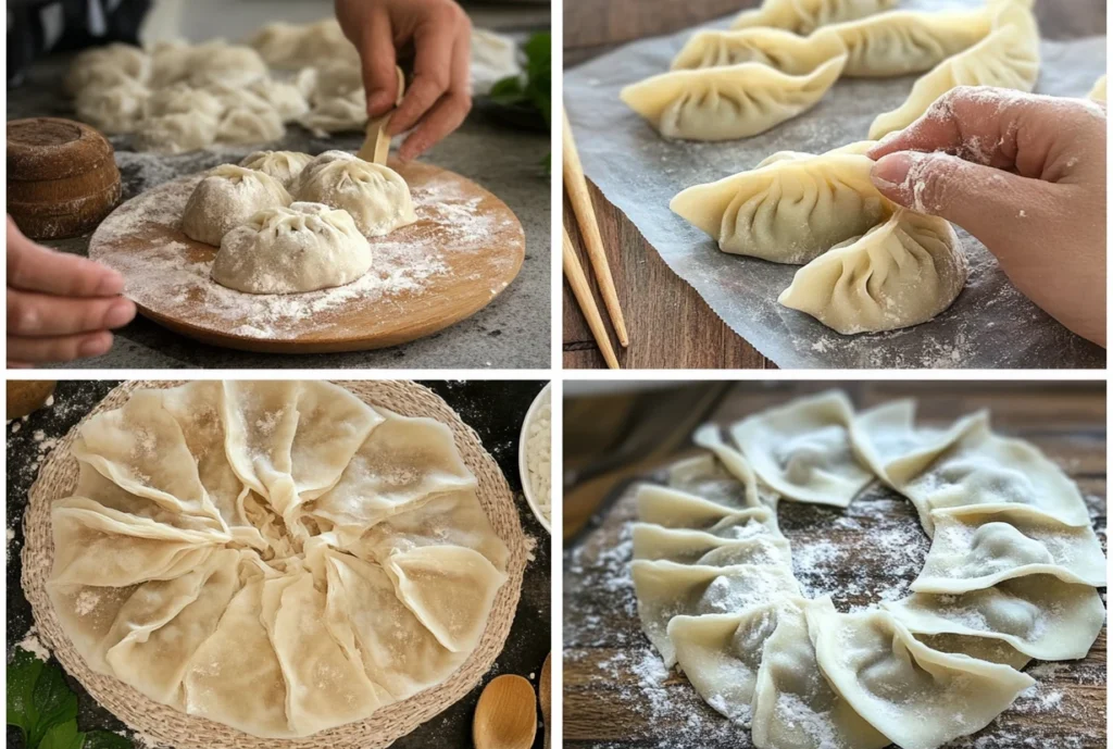 Collage of steps in making dumplings: shaping, folding, and arranging dumplings on a floured surface, highlighting the craft of dumpling preparation.