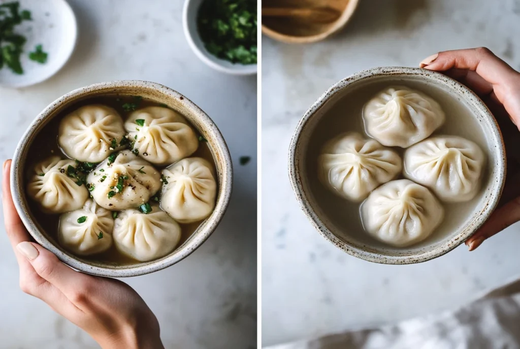 Two bowls of dumplings served in a flavorful broth, garnished with herbs, showcasing a comforting and traditional dish.