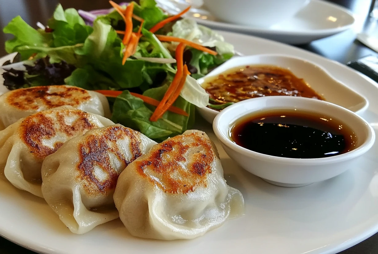 Pan-fried dumplings served with fresh salad, soy sauce, and spicy dip on a white plate.