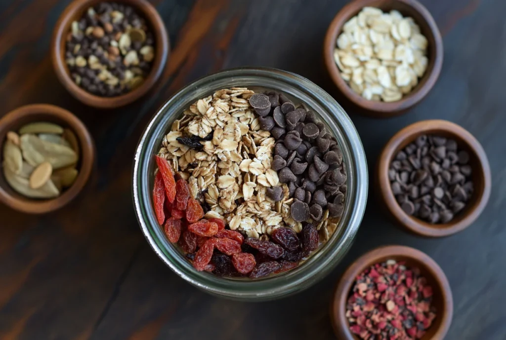 A jar of fresh homemade granola layered with dried fruits and chocolate chips, surrounded by small bowls of ingredients