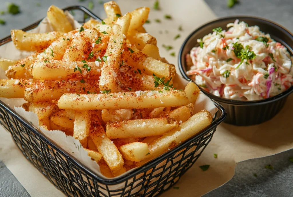 Seasoned fries and creamy coleslaw served as sides for garlic parmesan wings