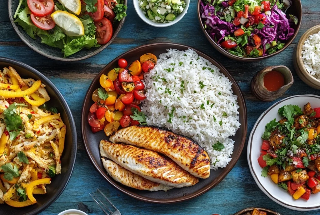 A complete meal with frozen tilapia cooked in the air fryer, served with rice, roasted vegetables, and fresh salads