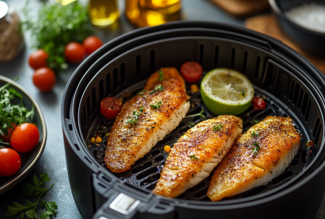 Golden, crispy frozen tilapia in an air fryer basket with lime and cherry tomatoes.