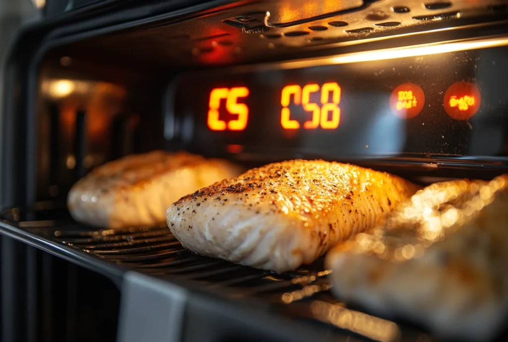 Golden and crispy frozen tilapia fillets inside an air fryer basket garnished with fresh thyme