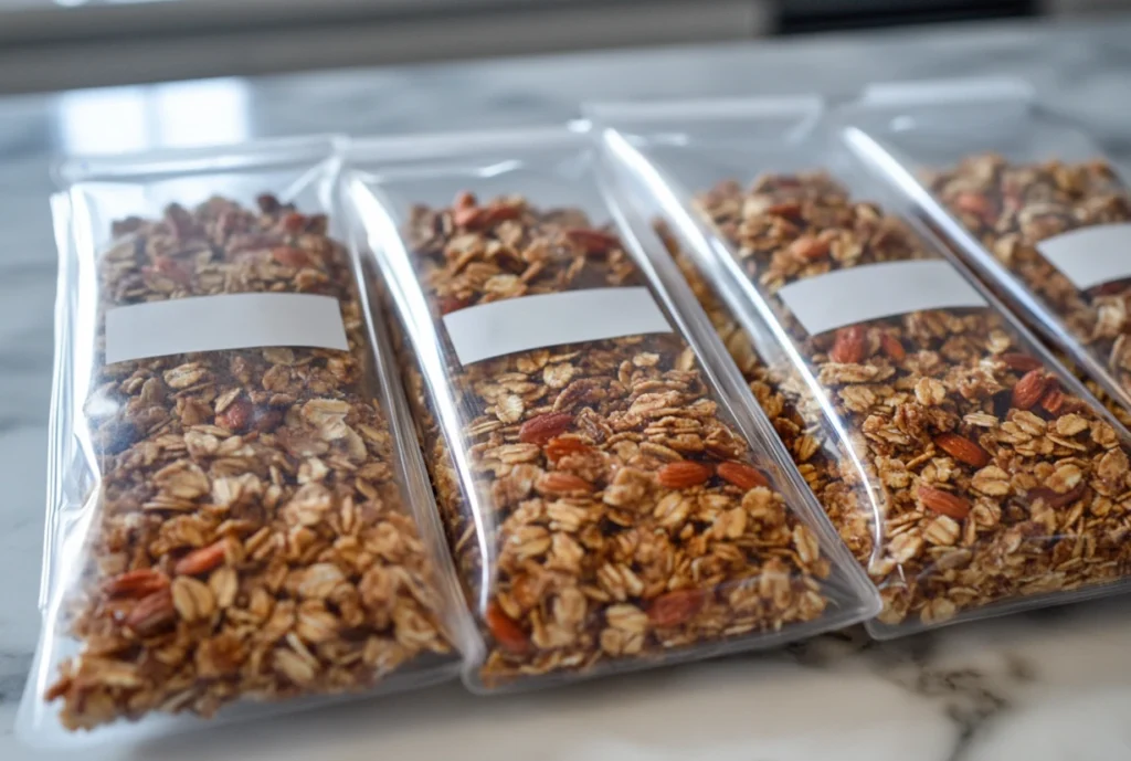 Granola packed in resealable freezer bags with labels, arranged on a marble countertop