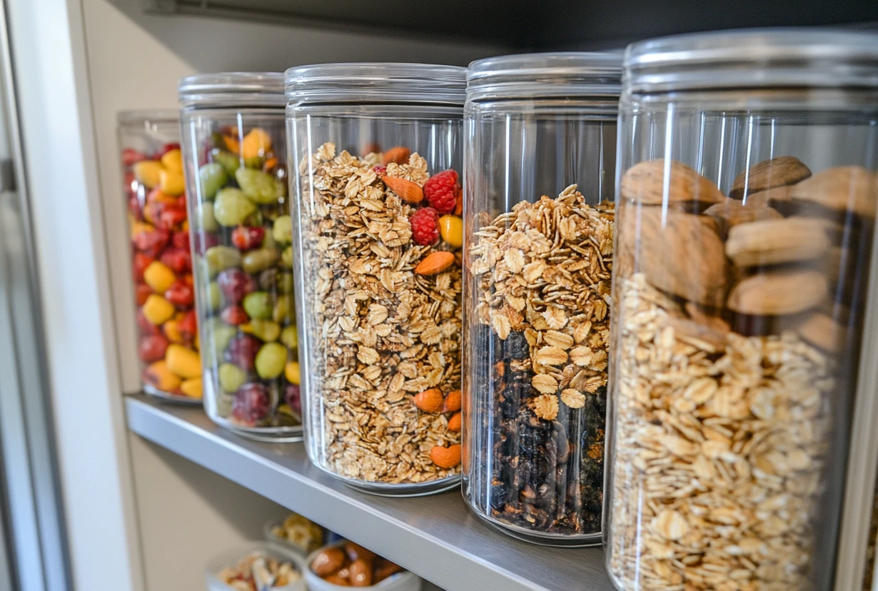 Close-up of granola and dried fruits stored in clear airtight containers on a pantry shelf