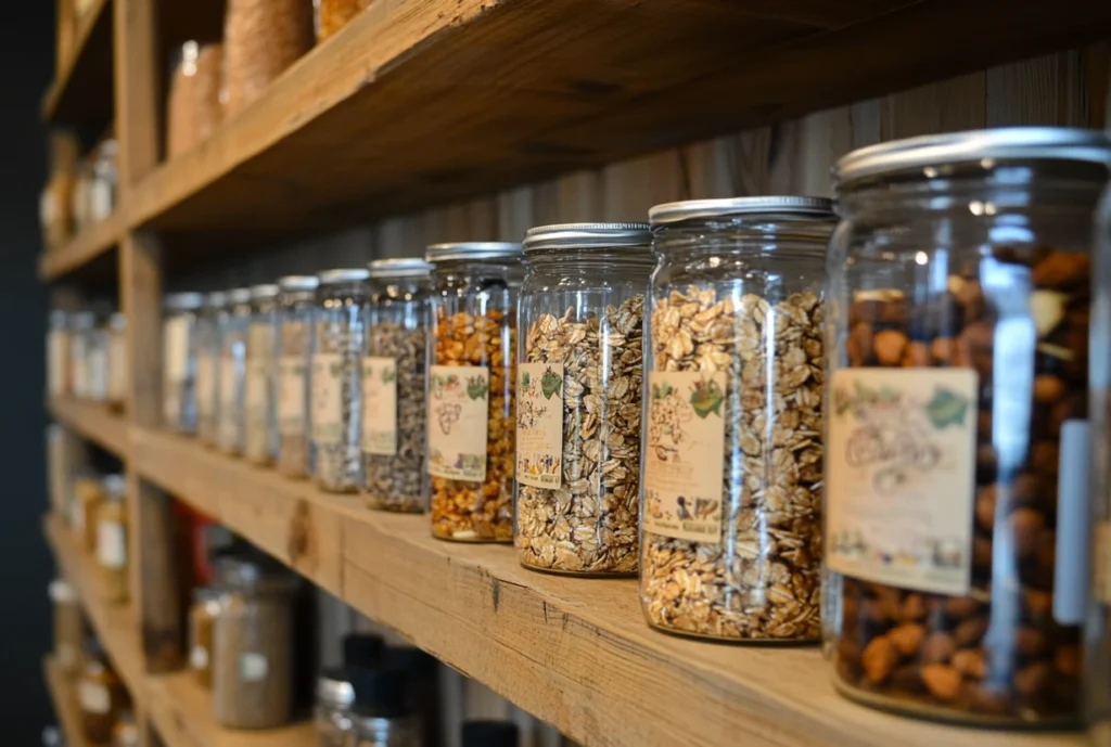 Granola jars neatly arranged on wooden shelves in a well-organized pantry