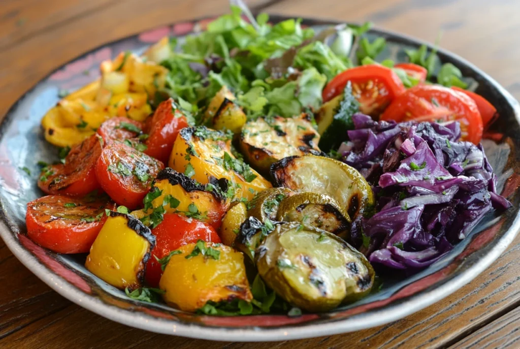 A vibrant plate of grilled vegetables served as sides for garlic parmesan wings