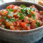 Bowl of hearty tomato beef stew garnished with fresh parsley