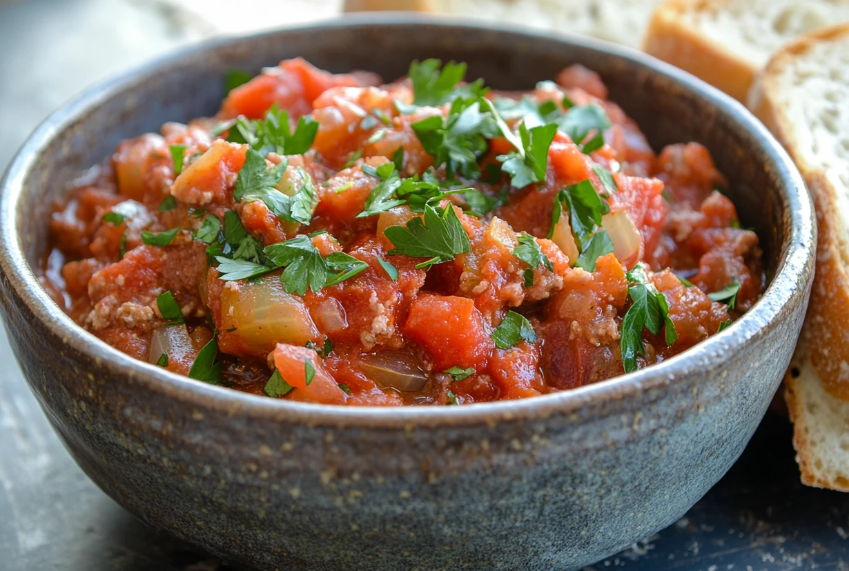 Bowl of hearty tomato beef stew garnished with fresh parsley