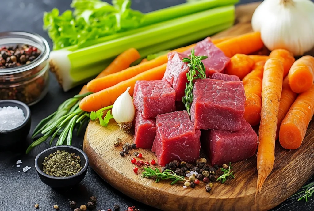 Fresh ingredients for a good stew, including diced raw beef, carrots, celery, garlic, and herbs on a wooden board.