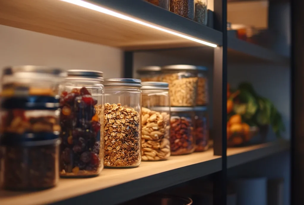 Jars of fresh homemade granola and ingredients like dried fruits and nuts stored on a pantry shelf