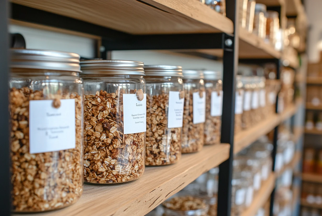 Labeled glass jars of fresh homemade granola neatly organized on wooden pantry shelves.