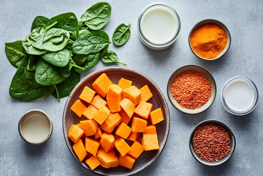 Ingredients for lentil curry including fresh spinach, diced sweet potatoes, red lentils, coconut milk, turmeric, and other spices