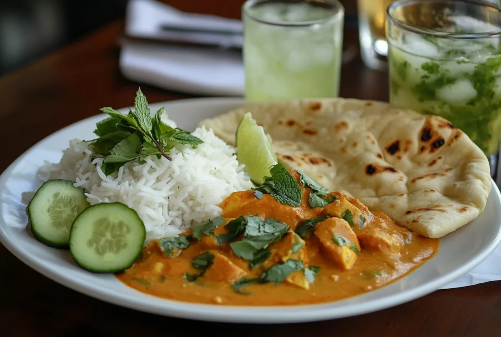 A plated lentil curry served with basmati rice, naan bread, cucumber slices, lime wedge, and garnished with fresh mint and cilantro