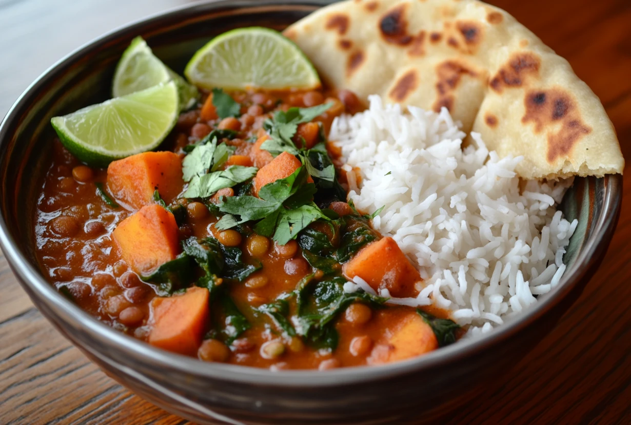 A bowl of lentil curry served with basmati rice, naan bread, lime wedges, and garnished with fresh cilantro