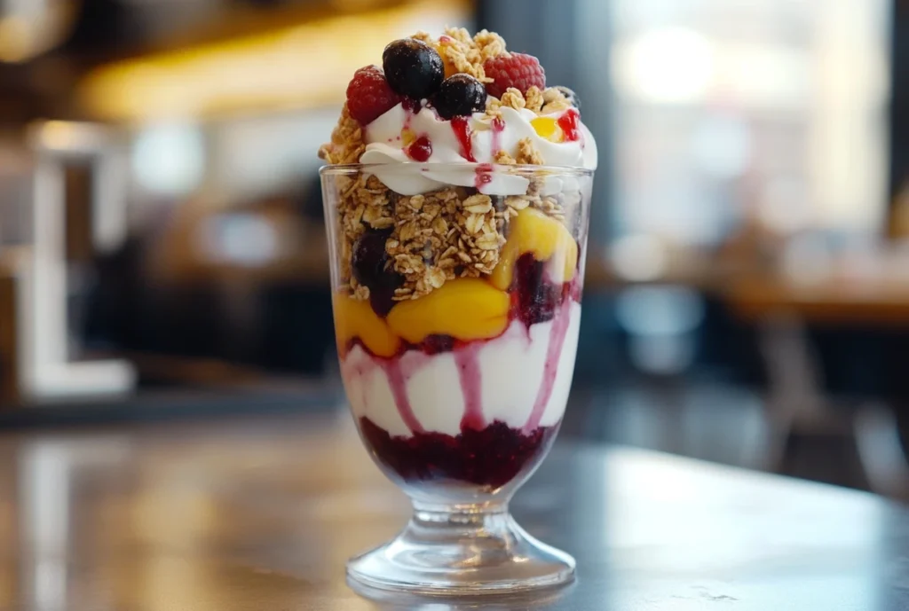 A layered parfait of maple and pecan granola, yogurt, fresh berries, and mango slices served in a glass