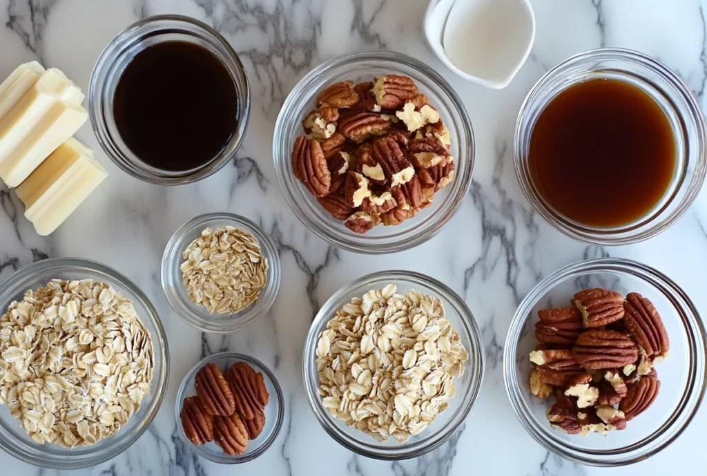 ngredients for maple and pecan granola laid out in small glass bowls, including oats, pecans, maple syrup, and butter.