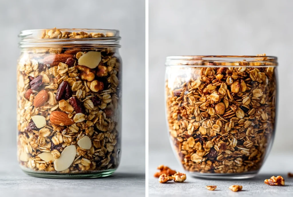 Two jars filled with maple and pecan granola, showcasing toasted oats, nuts, and pecans