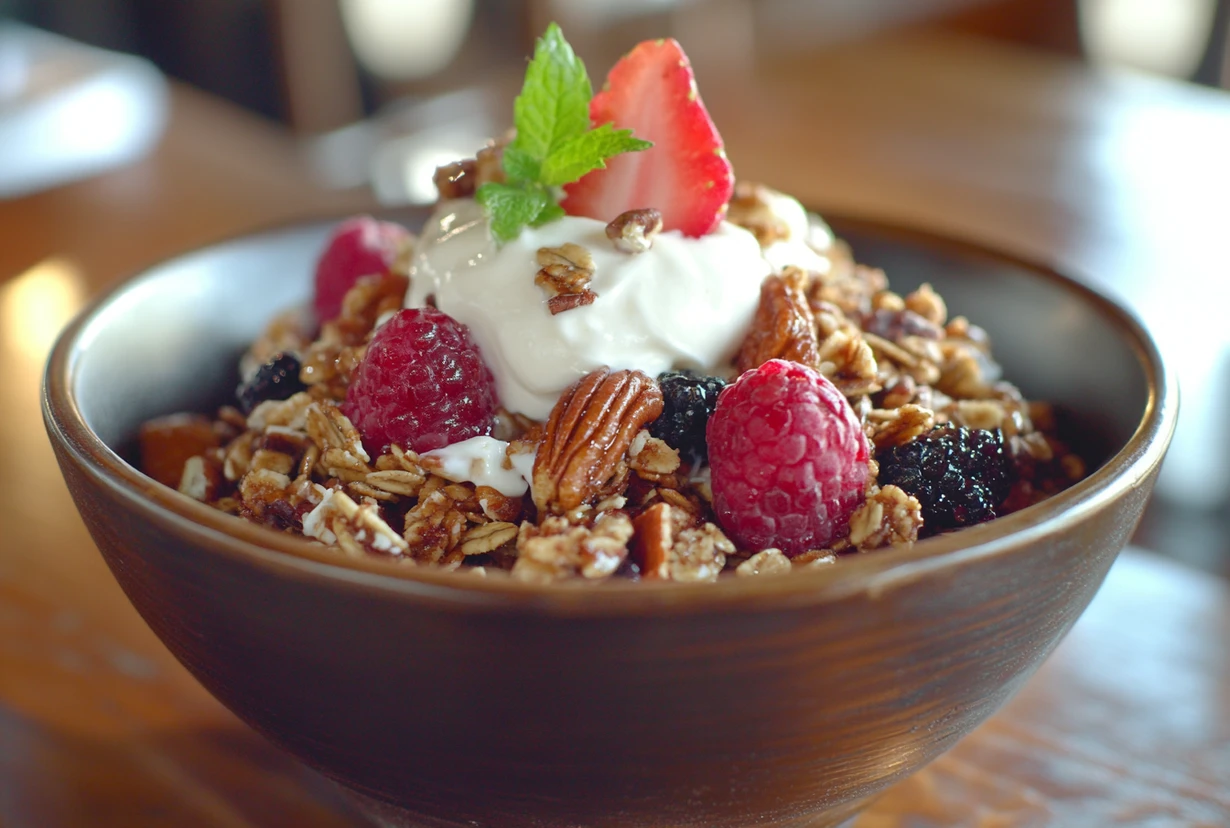 Bowl of maple and pecan granola topped with yogurt, fresh raspberries, and a strawberry slice.